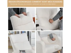 Poltrona| Cadeira de balanço, poltrona com almofada acolchoada, bolso lateral e apoios de braço, linho, branca Branco