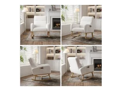 Poltrona| Cadeira de balanço, poltrona com almofada acolchoada, bolso lateral e apoios de braço, linho, branca Branco