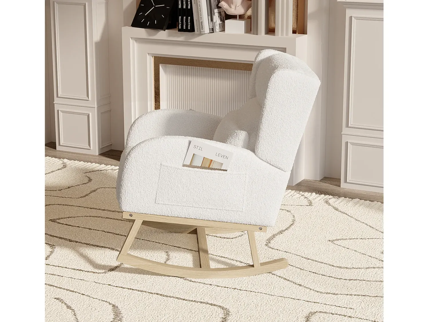 Poltrona| Cadeira de balanço, poltrona de balanço relaxante em tecido com encosto alto, sherpa, branca. Branco