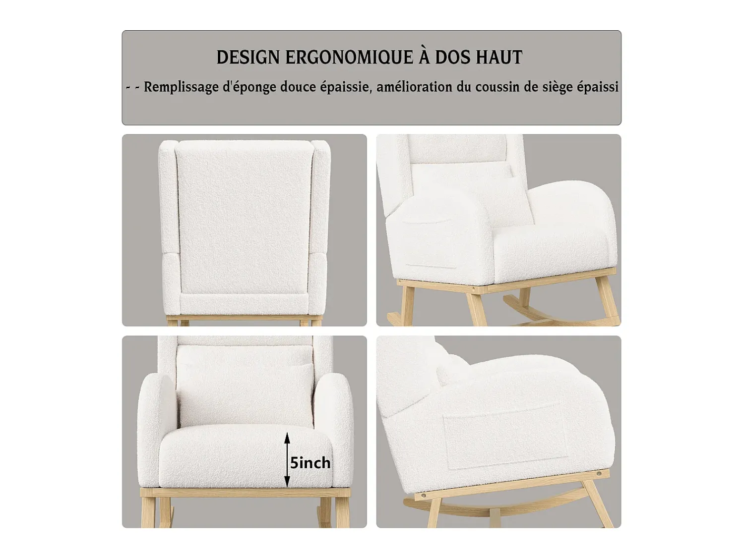 Poltrona| Cadeira de balanço, poltrona de balanço relaxante em tecido com encosto alto, sherpa, branca. Branco