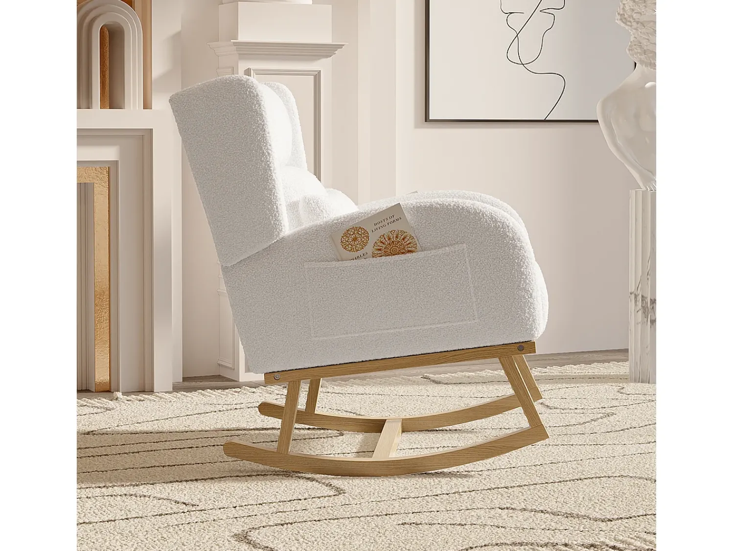 Poltrona| Cadeira de balanço, poltrona de balanço relaxante em tecido com encosto alto, sherpa, branca. Branco