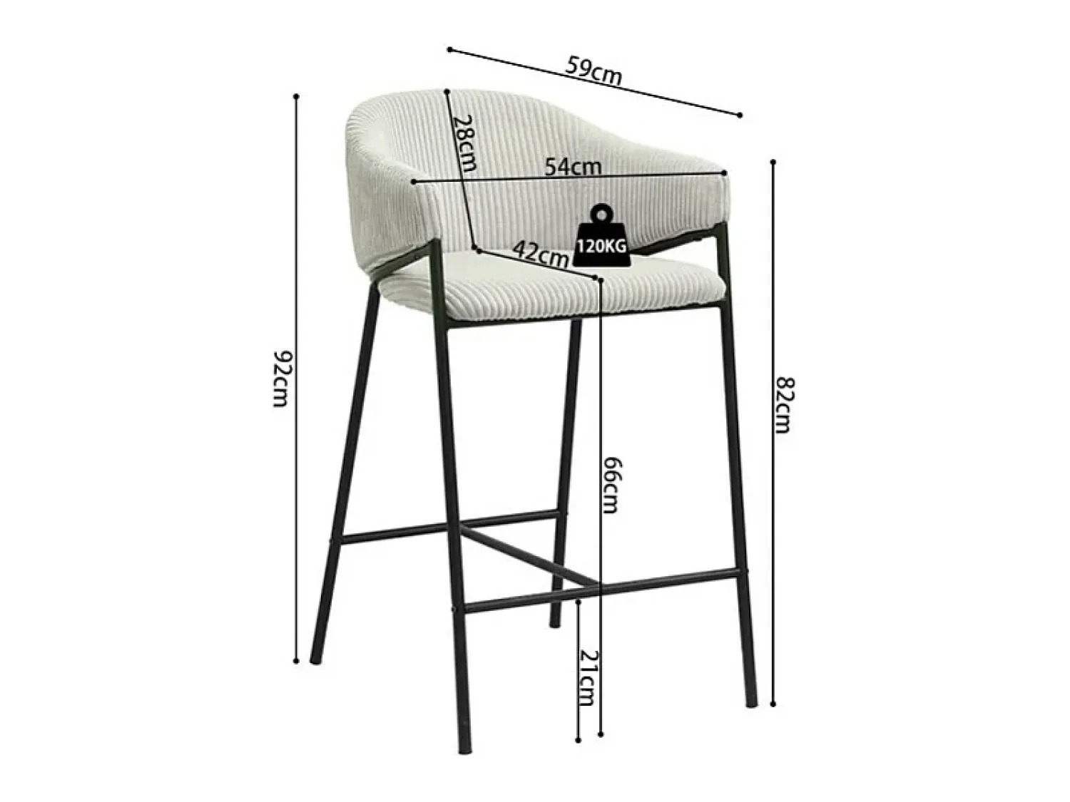 Banco|Meublorama Cadeira de balcão IMANY – Veludo cotelê cinza claro – Com braços – Pés de metal preto – Estilo design/industrial Cinzento claro