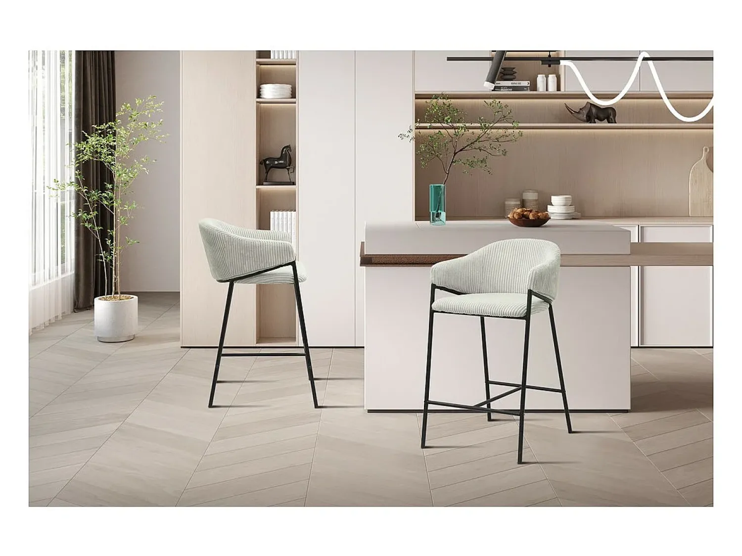 Banco|Meublorama Cadeira de balcão IMANY – Veludo cotelê cinza claro – Com braços – Pés de metal preto – Estilo design/industrial Cinzento claro