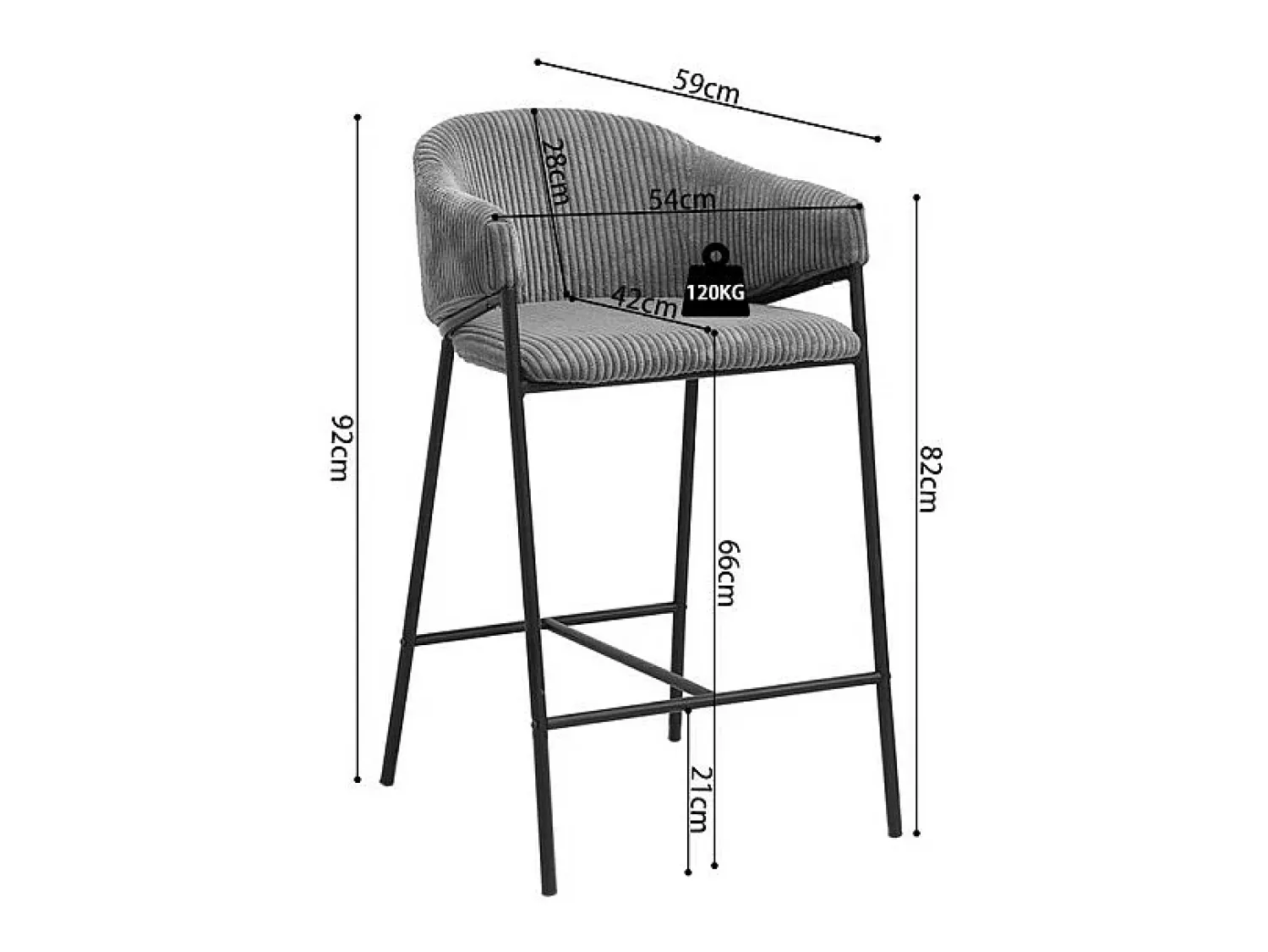 Banco|Meublorama Cadeira de balcão IMANY – Veludo cotelê cinza escuro – Com braços – Pés em metal preto – Estilo design/industrial Cinza antracite