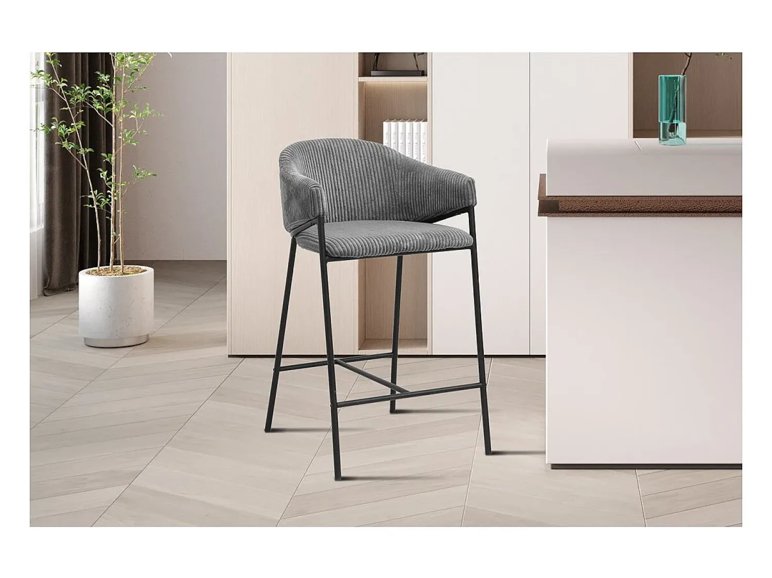 Banco|Meublorama Cadeira de balcão IMANY – Veludo cotelê cinza escuro – Com braços – Pés em metal preto – Estilo design/industrial Cinza antracite