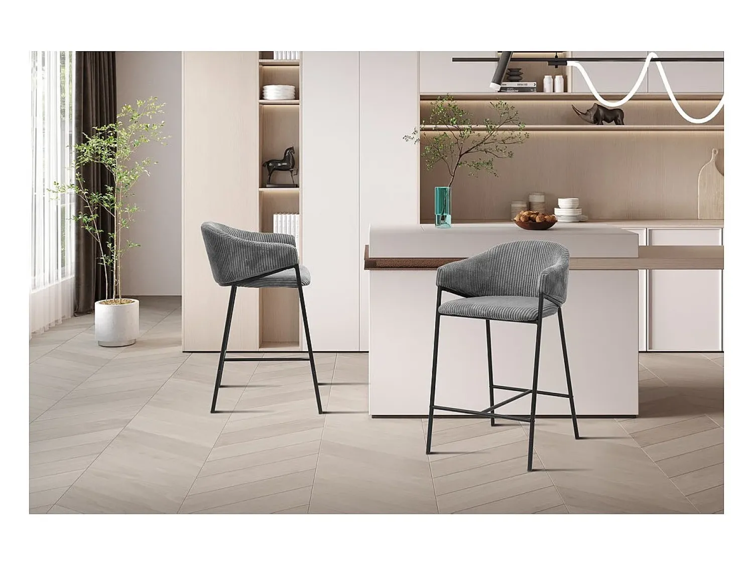 Banco|Meublorama Cadeira de balcão IMANY – Veludo cotelê cinza escuro – Com braços – Pés em metal preto – Estilo design/industrial Cinza antracite