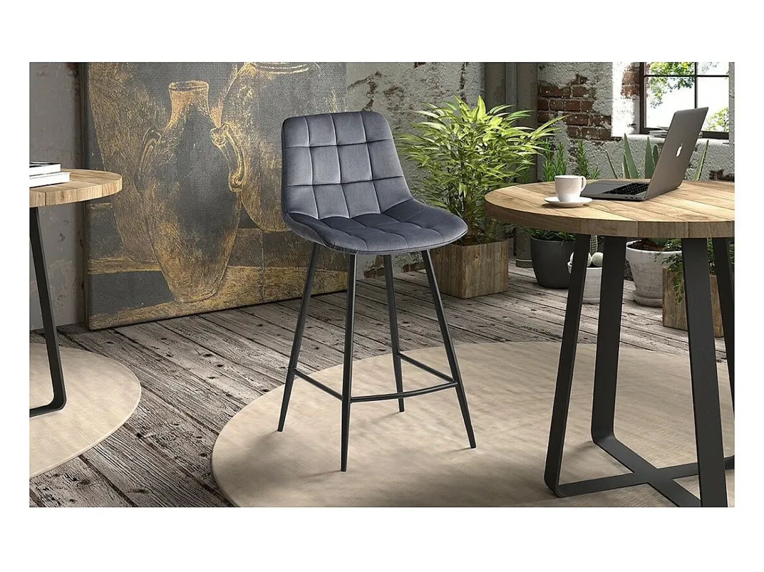 Meublorama Cadeira de balcão 'Jute' Veludo Cinza Escuro, dimensões: A95 x L46 x P36 cm.^ Banco