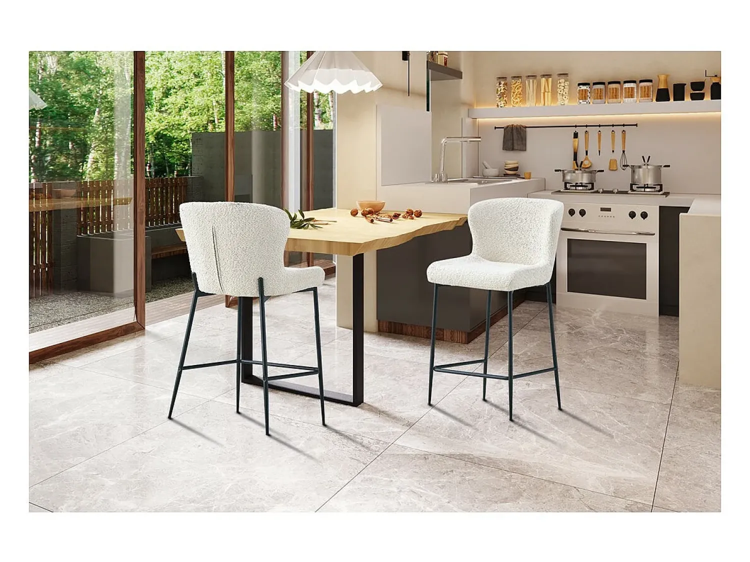 Banco|Meublorama Cadeira de balcão LISE – Tecido bouclé na cor cru – Pés em metal preto – Estilo design/industrial Branco