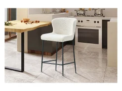 Banco|Meublorama Cadeira de balcão LISE – Tecido bouclé na cor cru – Pés em metal preto – Estilo design/industrial Branco
