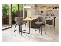 Banco|Meublorama Cadeira de balcão LISE – Tecido bouclé na cor areia – Pés de metal preto – Estilo design/industrial Castanho