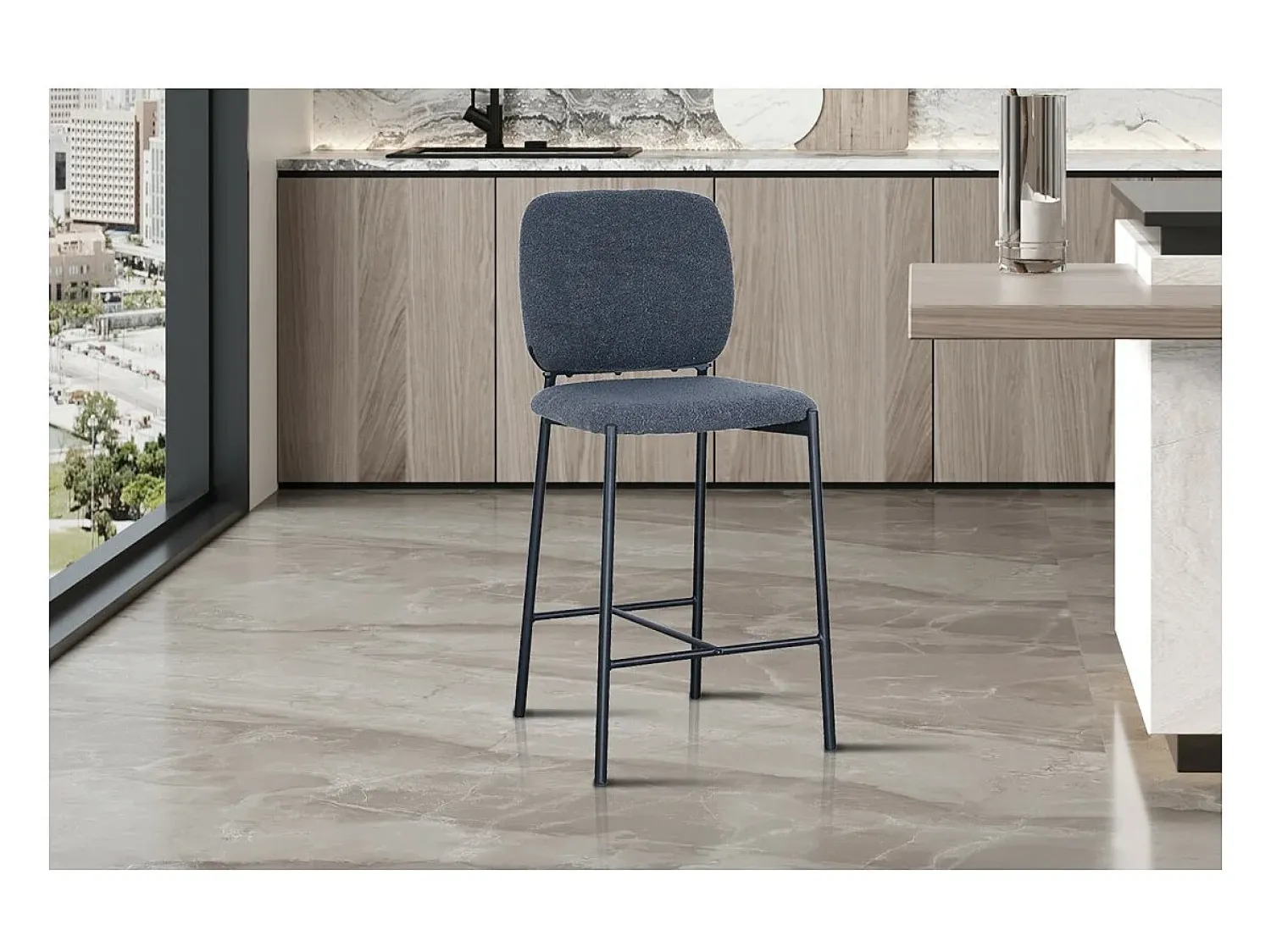 Banco|Meublorama Cadeira de balcão RITA – Tecido cinza escuro – Pés em metal preto – Altura 99 cm – Estilo design/industrial Cinza antracite