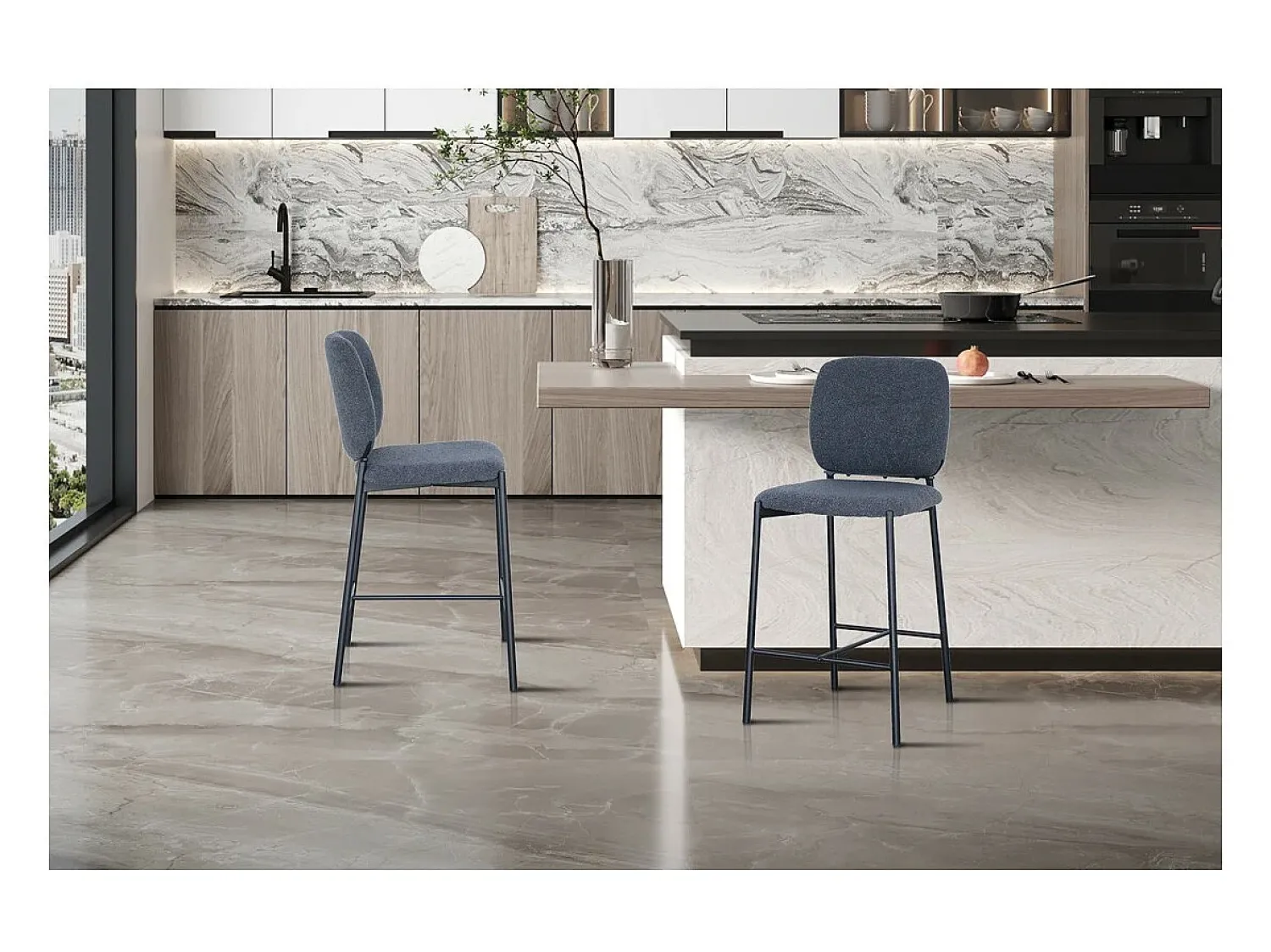 Banco|Meublorama Cadeira de balcão RITA – Tecido cinza escuro – Pés em metal preto – Altura 99 cm – Estilo design/industrial Cinza antracite