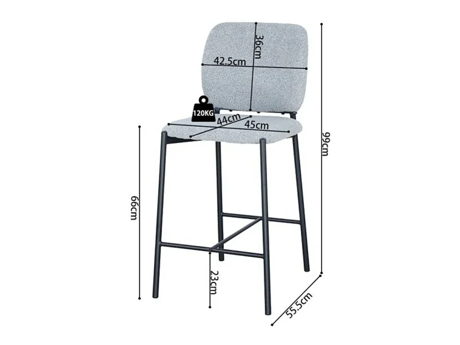 Banco*Meublorama Cadeira de balcão RITA – Tecido cinza claro – Pés de metal preto – Altura 99 cm – Estilo design/industrial Cinzento claro