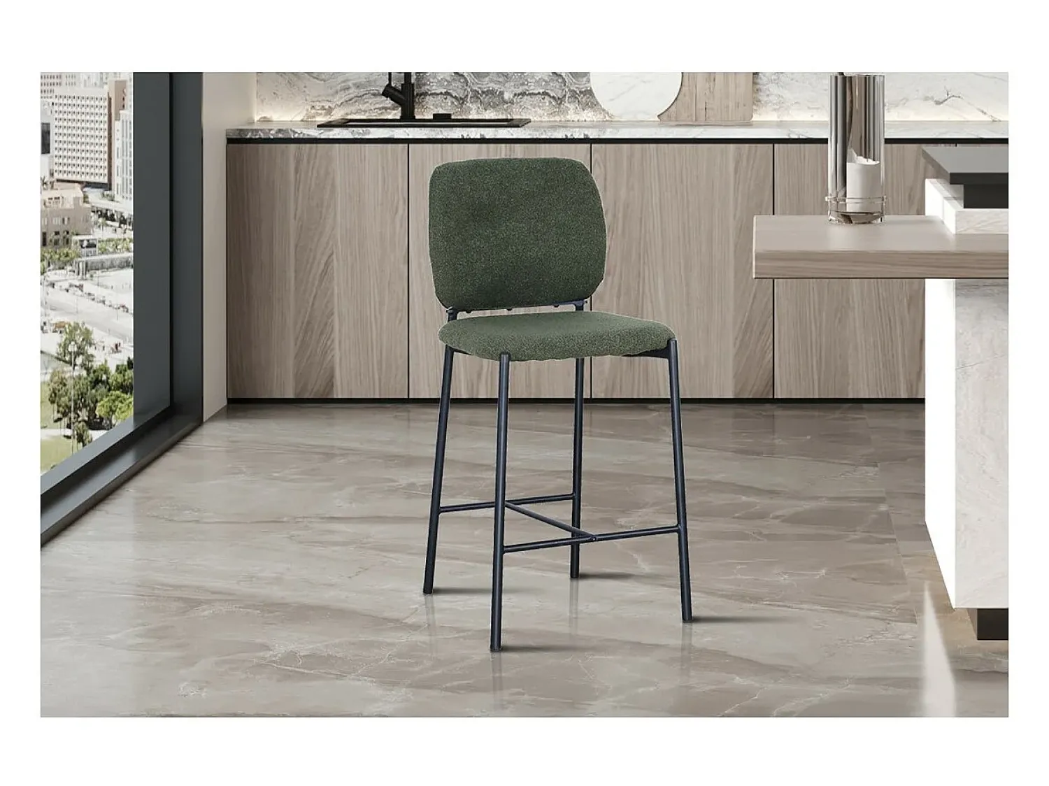 Banco*Meublorama Cadeira de balcão RITA – Tecido – Pés de metal preto – Altura 99 cm – Estilo design/industrial Verde