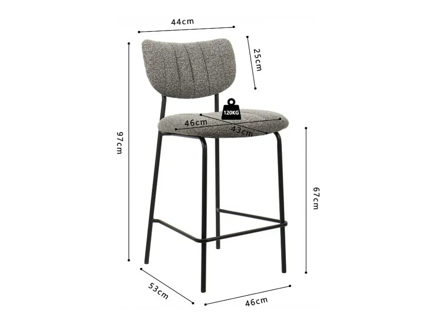 Banco*Meublorama Cadeira de balcão VENTURA – Tecido cinza escuro – Pés de metal preto – Altura 97 cm – Estilo design/industrial Cinza antracite