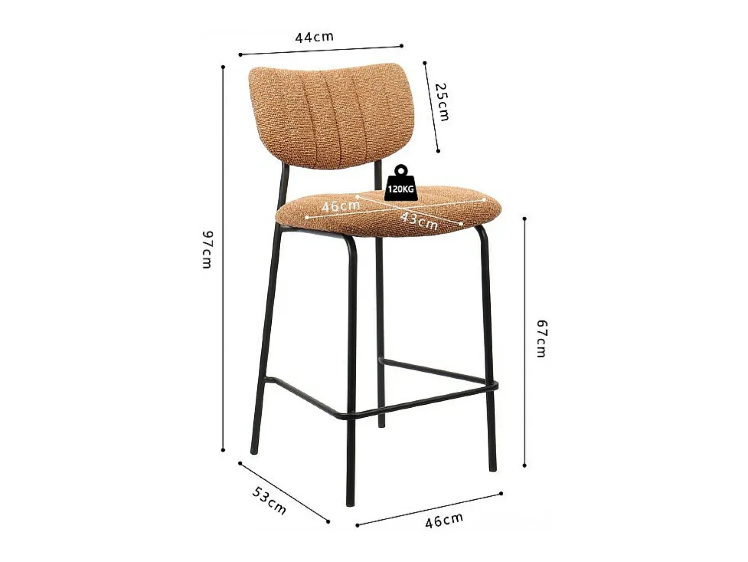 Meublorama Cadeira de balcão VENTURA – Tecido laranja – Pés de metal preto – Altura 97 cm – Estilo design/industrial^ Banco