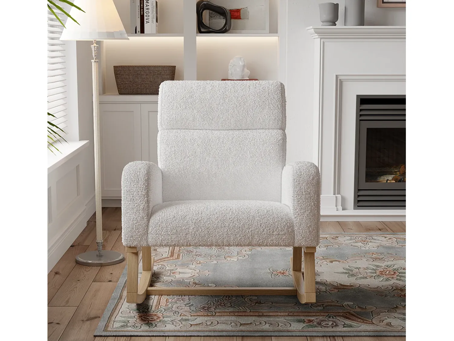 Poltrona* Cadeira de baloiço, cadeira de relaxamento, cadeira de estar, braços, com bolsos e pernas em madeira, Teddy em veludo, carga máxima: 150 kg Bege