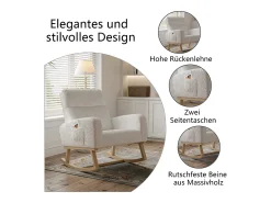 Poltrona* Cadeira de baloiço, cadeira de relaxamento, cadeira de estar, braços, com bolsos e pernas em madeira, Teddy em veludo, carga máxima: 150 kg Bege