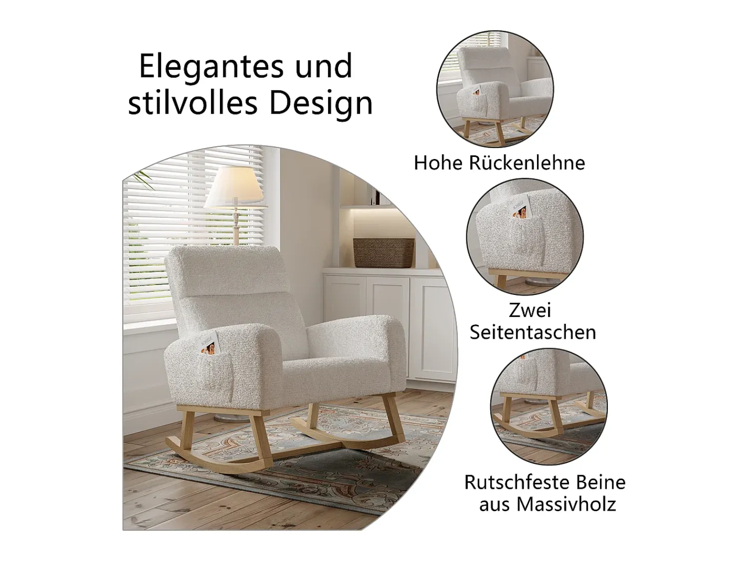 Poltrona* Cadeira de baloiço, cadeira de relaxamento, cadeira de estar, braços, com bolsos e pernas em madeira, Teddy em veludo, carga máxima: 150 kg Bege
