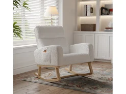 Poltrona* Cadeira de baloiço, cadeira de relaxamento, cadeira de estar, braços, com bolsos e pernas em madeira, Teddy em veludo, carga máxima: 150 kg Bege