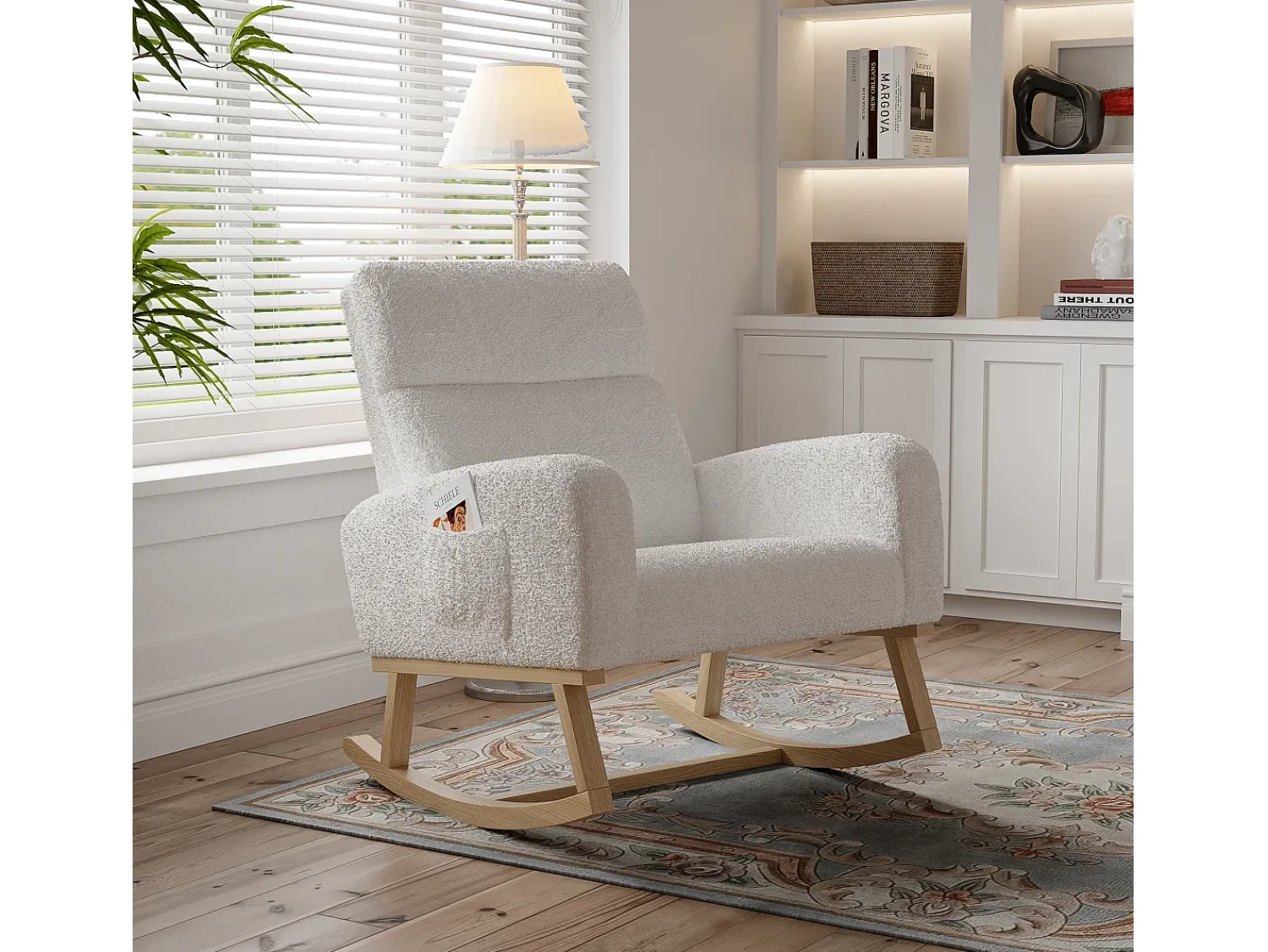 Poltrona* Cadeira de baloiço, cadeira de relaxamento, cadeira de estar, braços, com bolsos e pernas em madeira, Teddy em veludo, carga máxima: 150 kg Bege