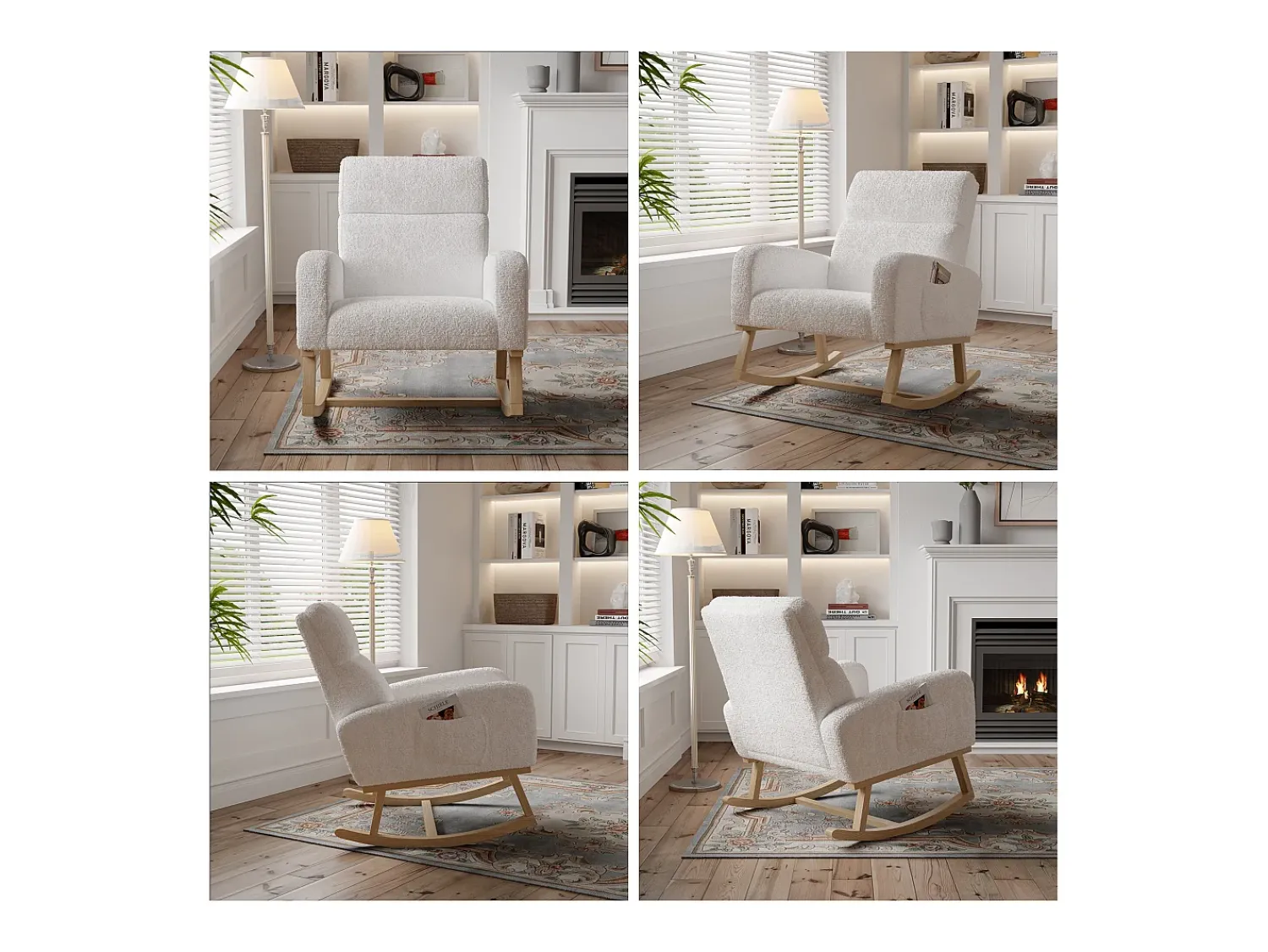 Poltrona* Cadeira de baloiço, cadeira de relaxamento, cadeira de estar, braços, com bolsos e pernas em madeira, Teddy em veludo, carga máxima: 150 kg Bege