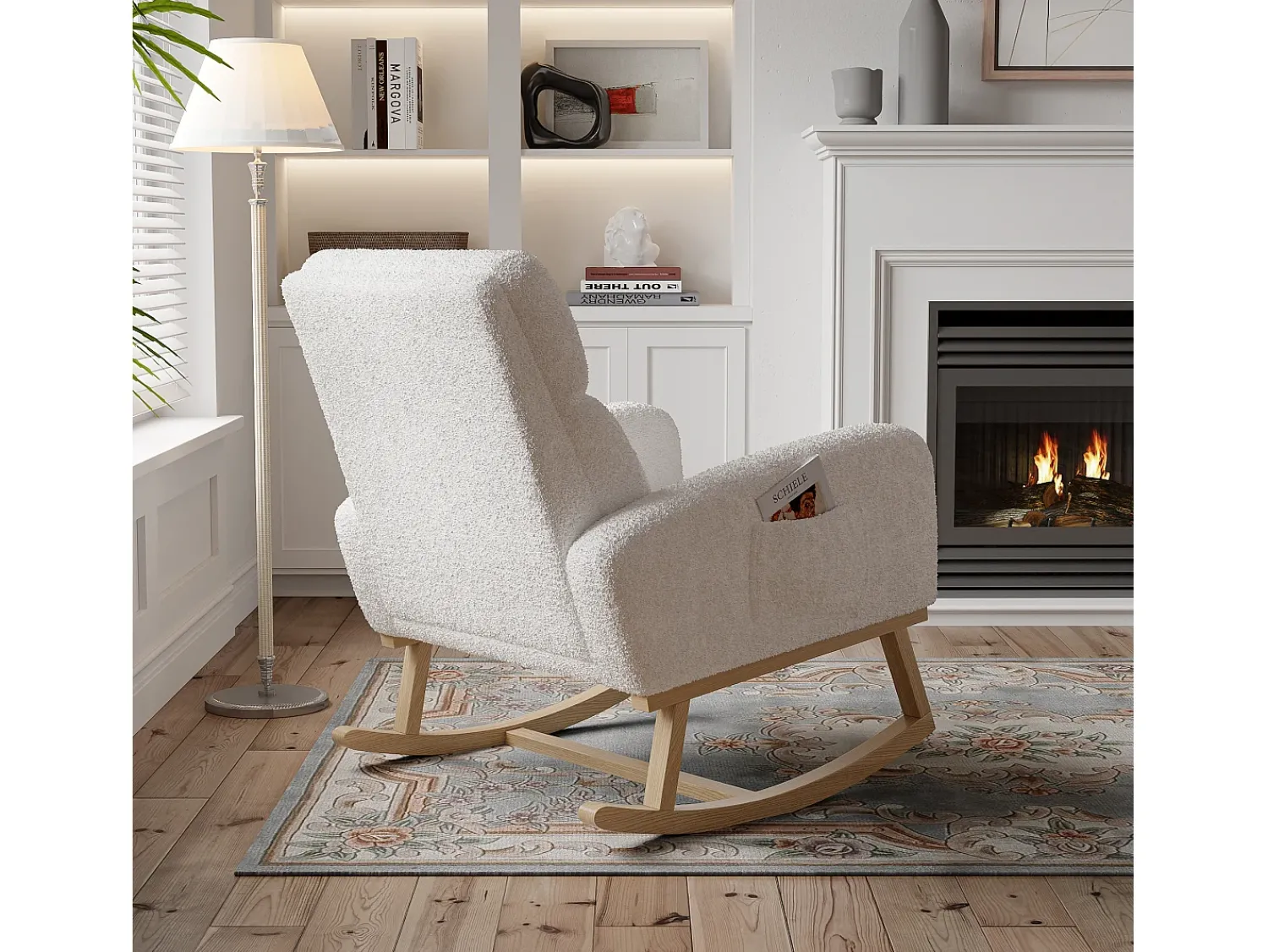 Poltrona* Cadeira de baloiço, cadeira de relaxamento, cadeira de estar, braços, com bolsos e pernas em madeira, Teddy em veludo, carga máxima: 150 kg Bege
