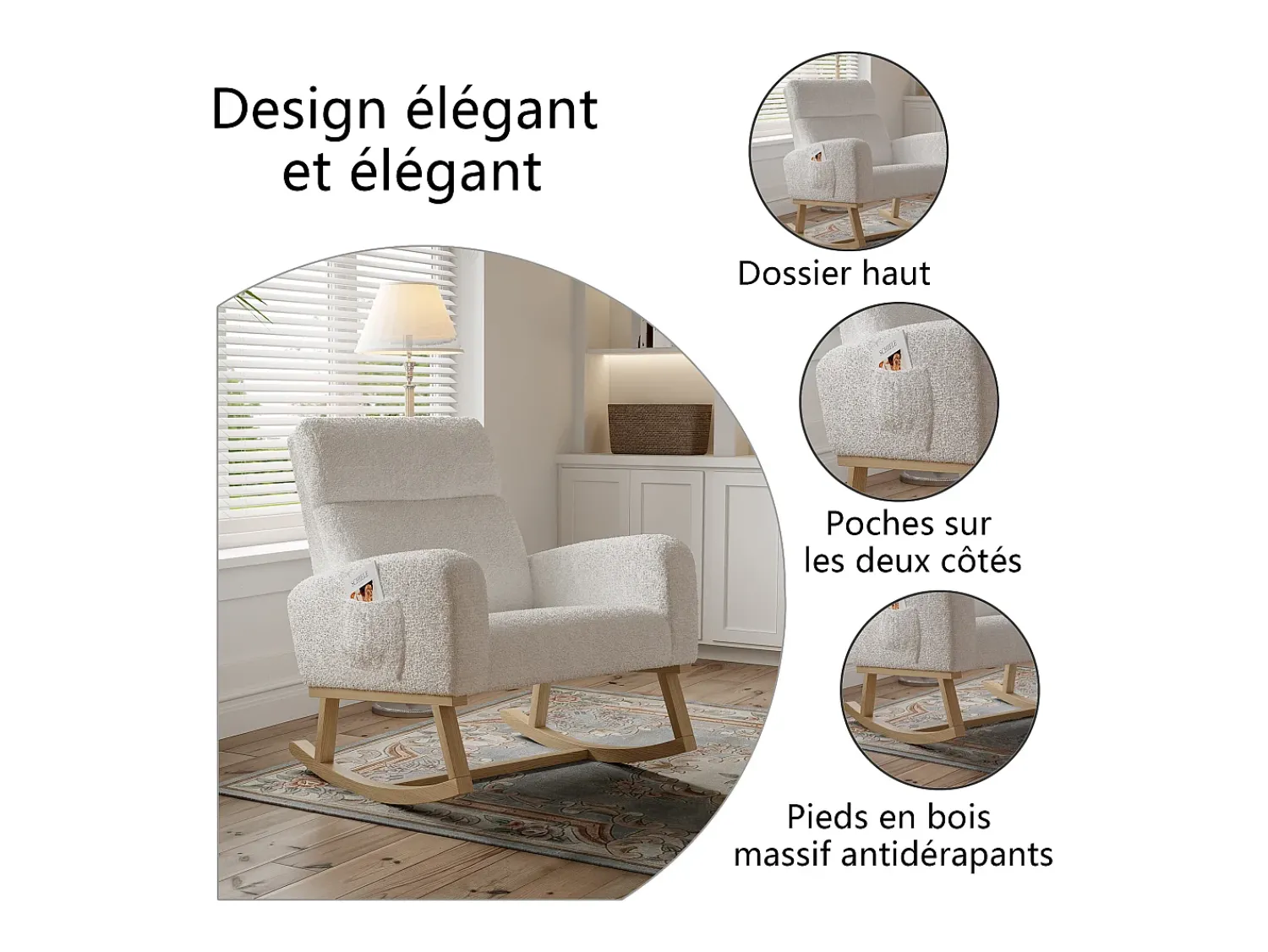 Poltrona* Cadeira de baloiço, cadeira de relaxamento, cadeira de estar, braços, com bolsos e pernas em madeira, Teddy em veludo, carga máxima: 150 kg Bege