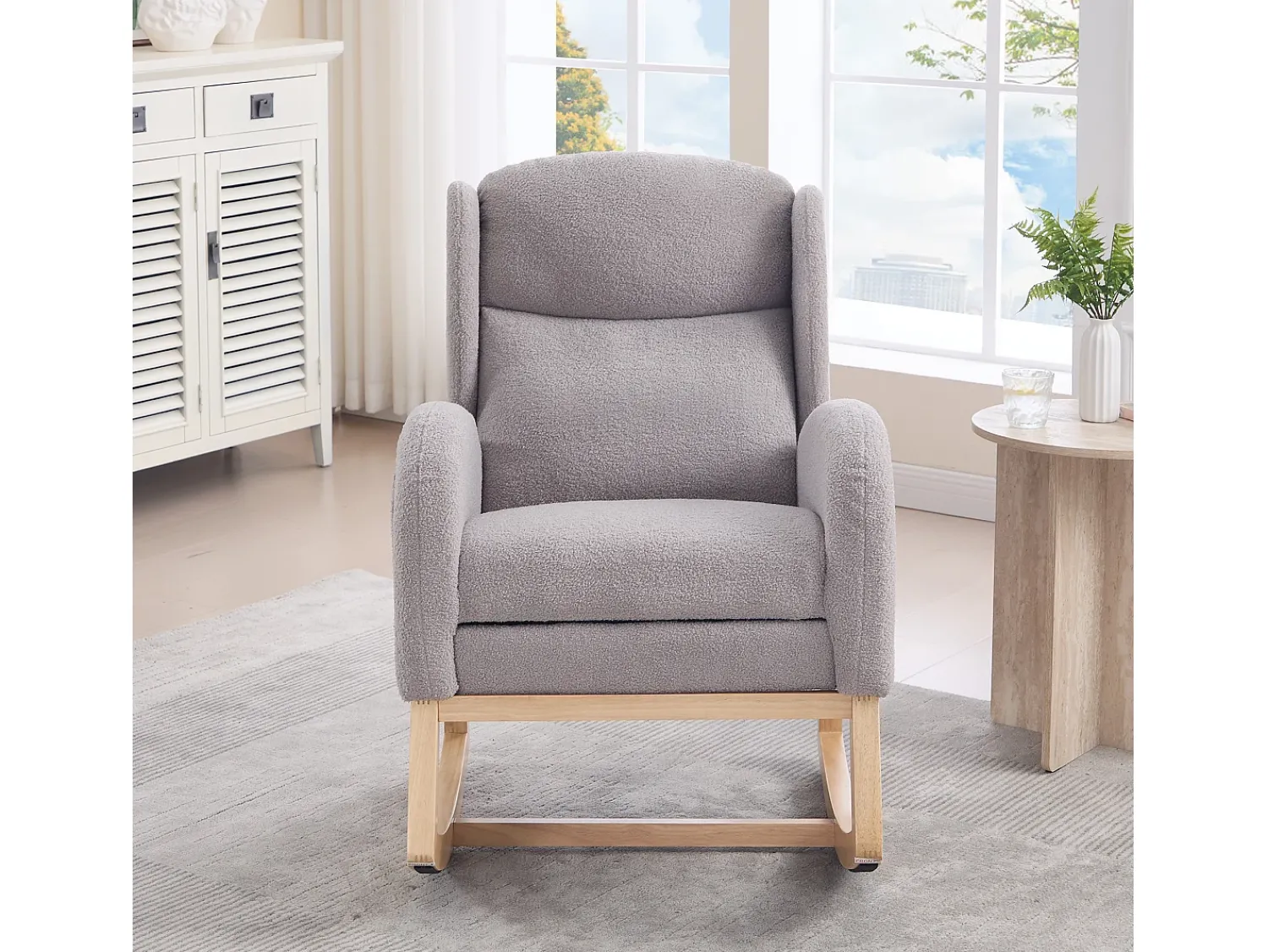 Poltrona*Hauss Spole Cadeira de baloiço cinzenta com bolsos laterais, apoio para os pés ajustável, estrutura em madeira 122,5x70x104cm Cinzento
