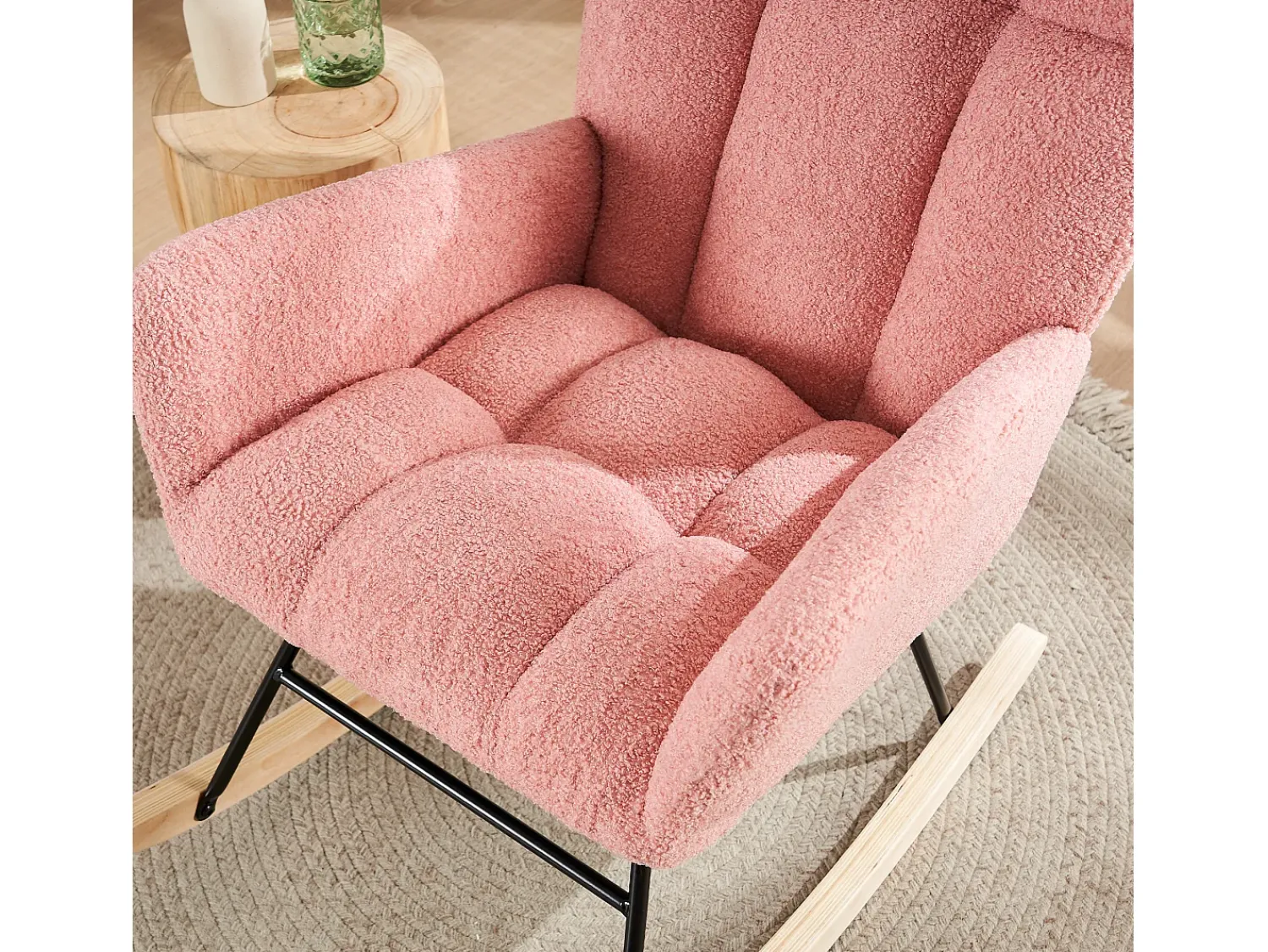 Discount Hauss Spole Cadeira de baloiço com encosto alto e apoios de braços - Cadeira de baloiço em tecido Teddy Rosa