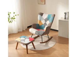 Poltrona*Hauss Spole Cadeira de baloiço com patchwork multicolorido e apoio para os pés 69,5 x 50 x 88,5 cm Castanho