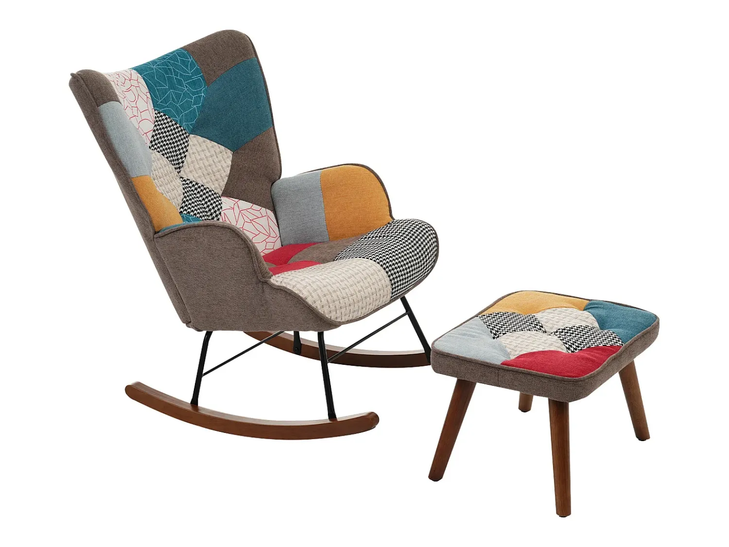 Poltrona*Hauss Spole Cadeira de baloiço com patchwork multicolorido e apoio para os pés 69,5 x 50 x 88,5 cm Castanho