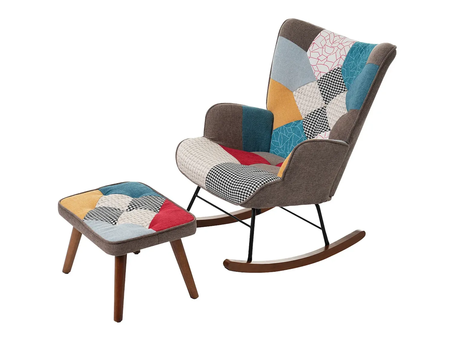 Poltrona*Hauss Spole Cadeira de baloiço com patchwork multicolorido e apoio para os pés 69,5 x 50 x 88,5 cm Castanho