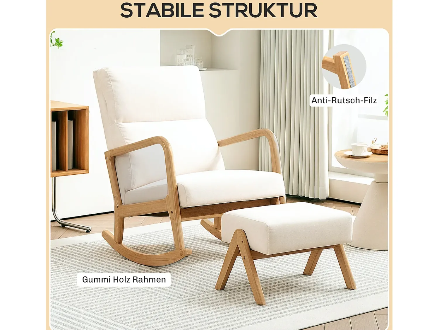 Hot Hauss Spole Cadeira de baloiço creme com apoio para os pés, estrutura em madeira 96x65x94,5cm Branco