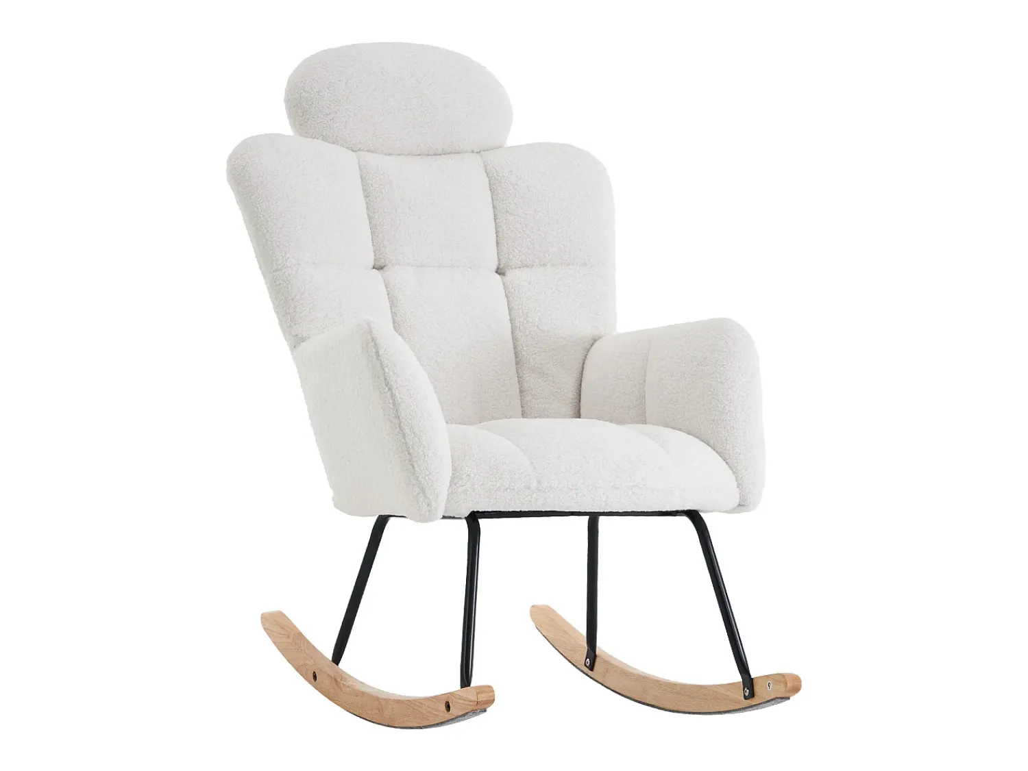 Poltrona*Hauss Spole Cadeira de baloiço em tecido Teddy com apoio de cabeça, estrutura em metal preto 102x70x107cm Branco