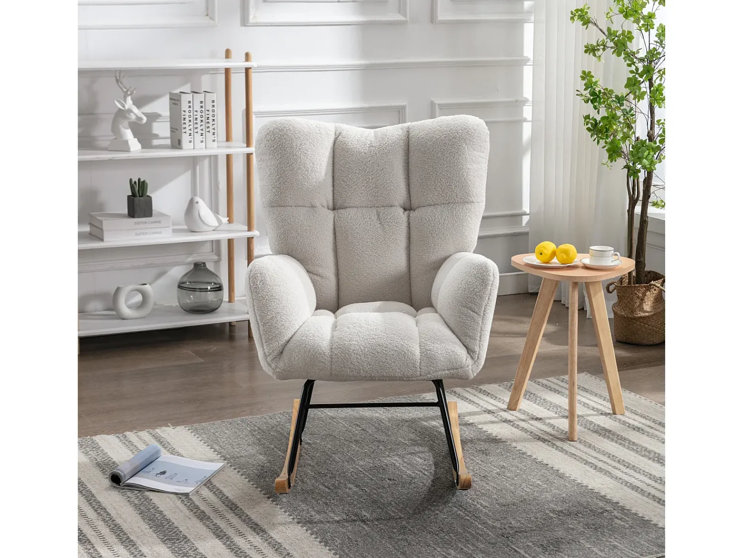 Discount Hauss Spole Cadeira de baloiço em tecido Teddy , estrutura em metal preto, base em madeira 89x70x95cm Branco
