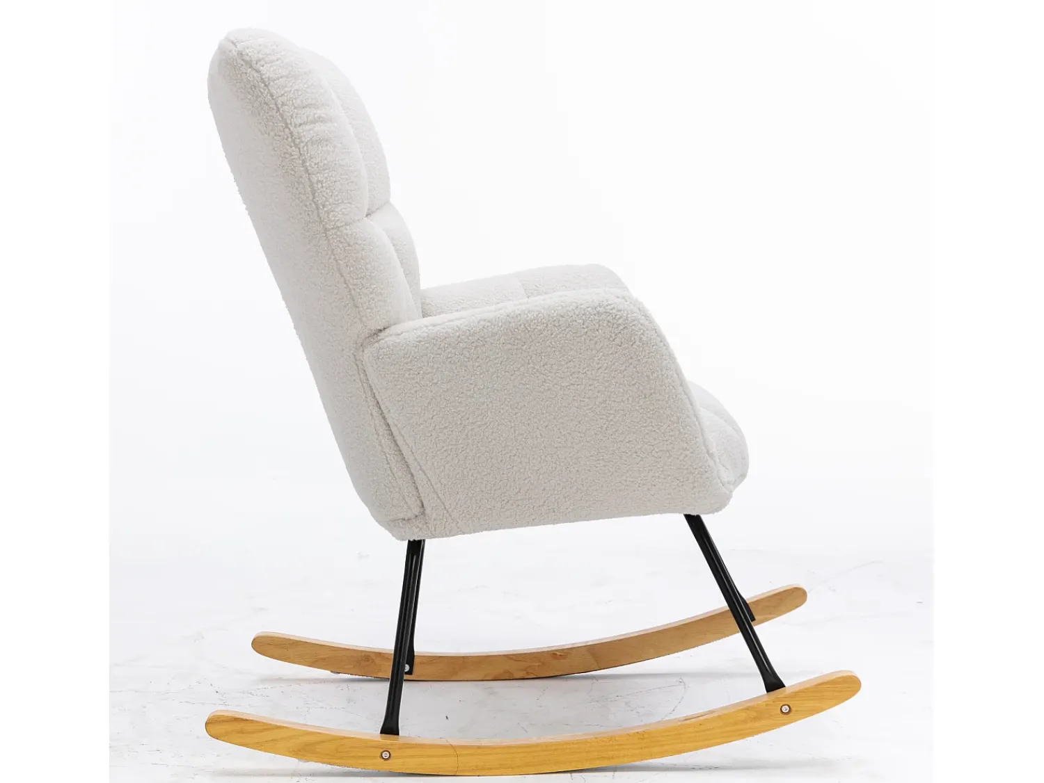 Discount Hauss Spole Cadeira de baloiço em tecido Teddy , estrutura em metal preto, base em madeira 89x70x95cm Branco
