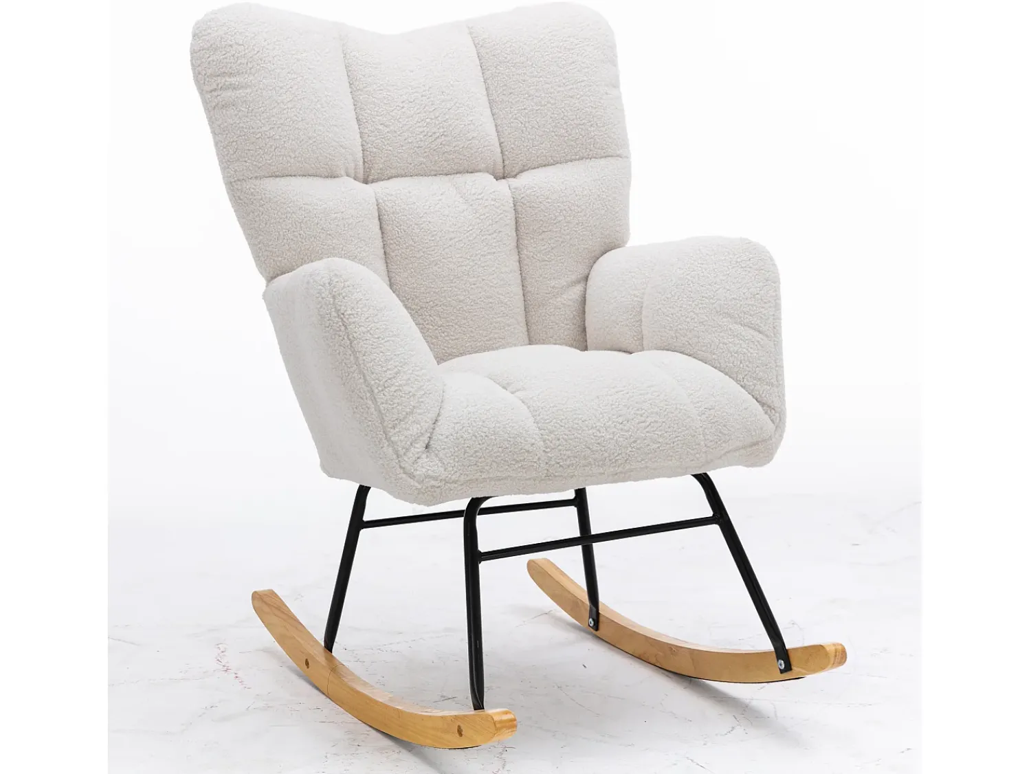Discount Hauss Spole Cadeira de baloiço em tecido Teddy , estrutura em metal preto, base em madeira 89x70x95cm Branco