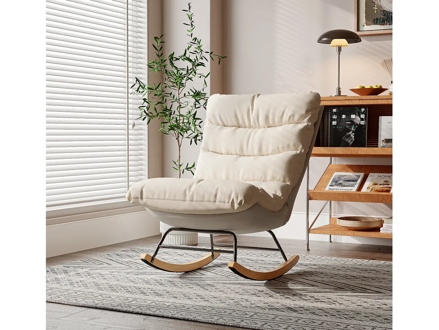 Poltrona| Cadeira de baloiço estofada com encosto ajustável para sala de estar - quarto, varanda - 83 x 72 x 93 cm Bege