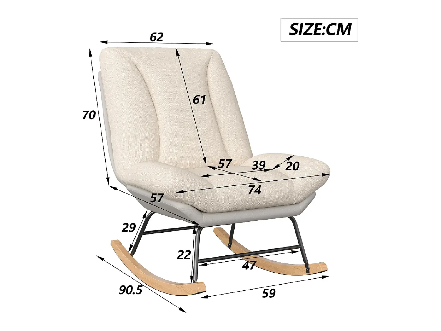Cadeira de baloiço estofada - com encosto regulável, para sala de estar - quarto, varanda - 90,5 x 74 x 98 cm^ Poltrona