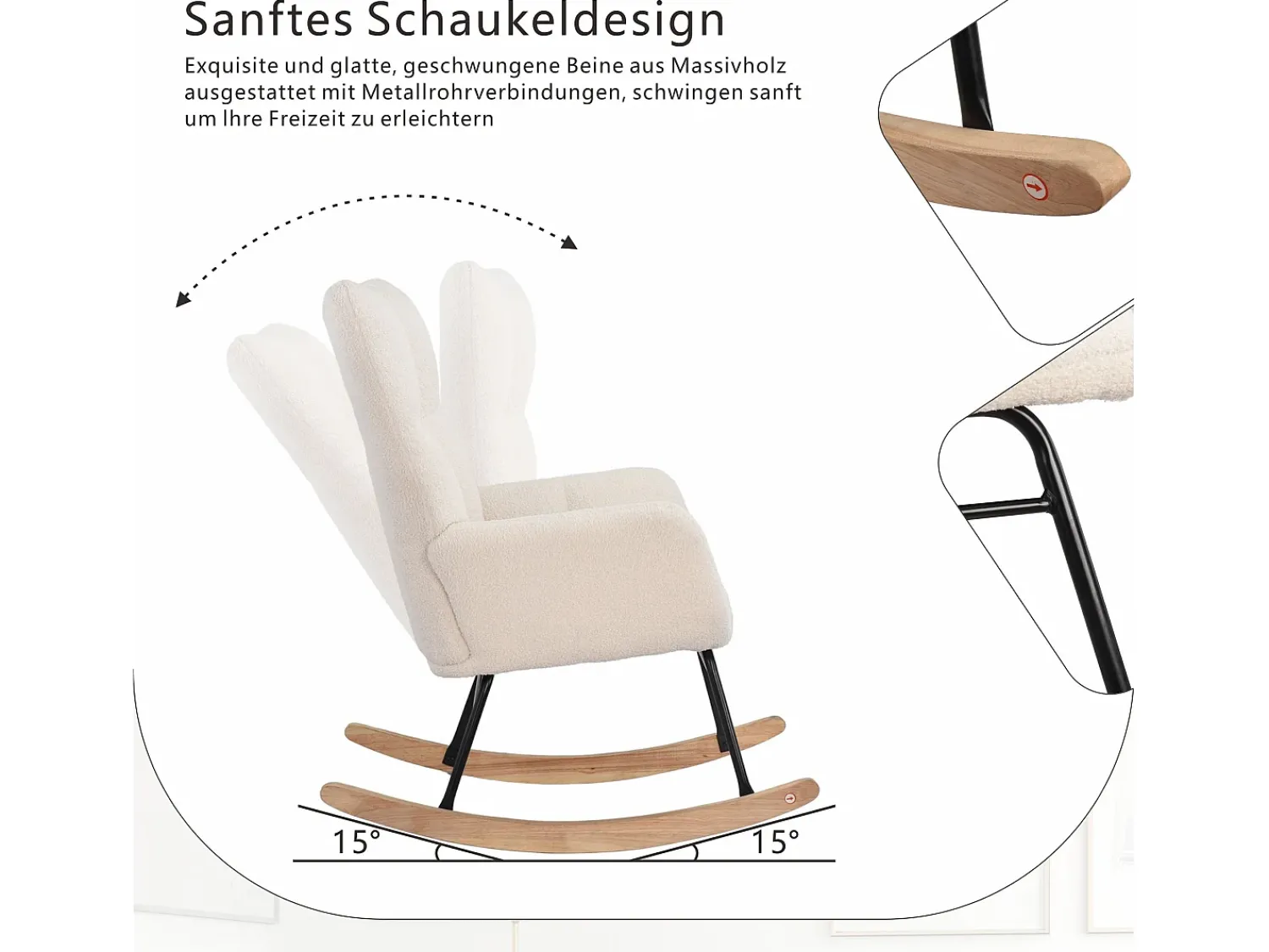 Poltrona* Cadeira de baloiço moderna em veludo Teddy Cadeira de baloiço com braços para sala de estar Quarto Varanda Carga máxima 113 kg Branco