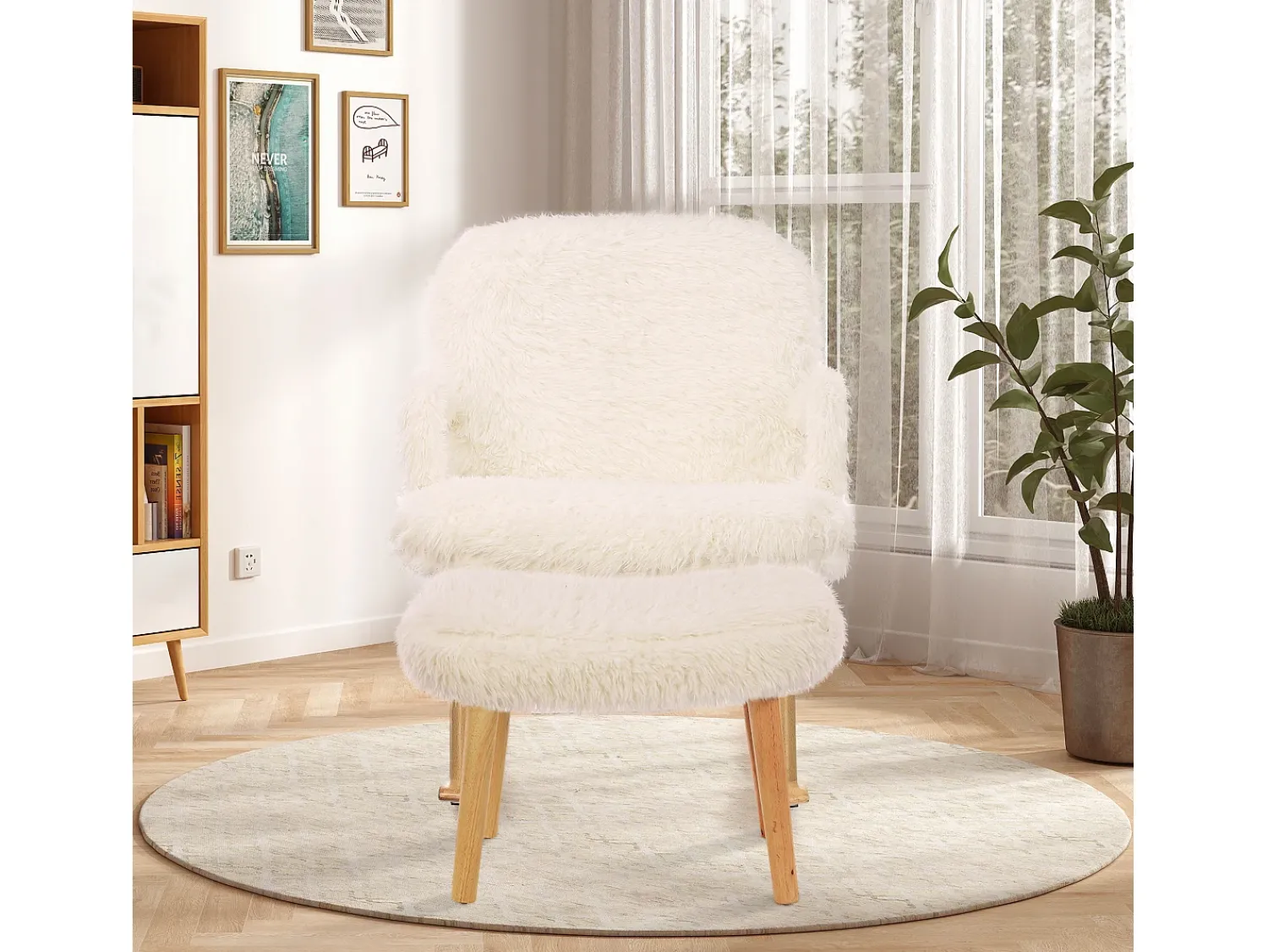 Poltrona| Cadeira de baloiço Teddy Plush - Cadeira de baloiço com apoio para os pés, pernas em madeira maciça - confortável 65x96,5x85cm - Branco