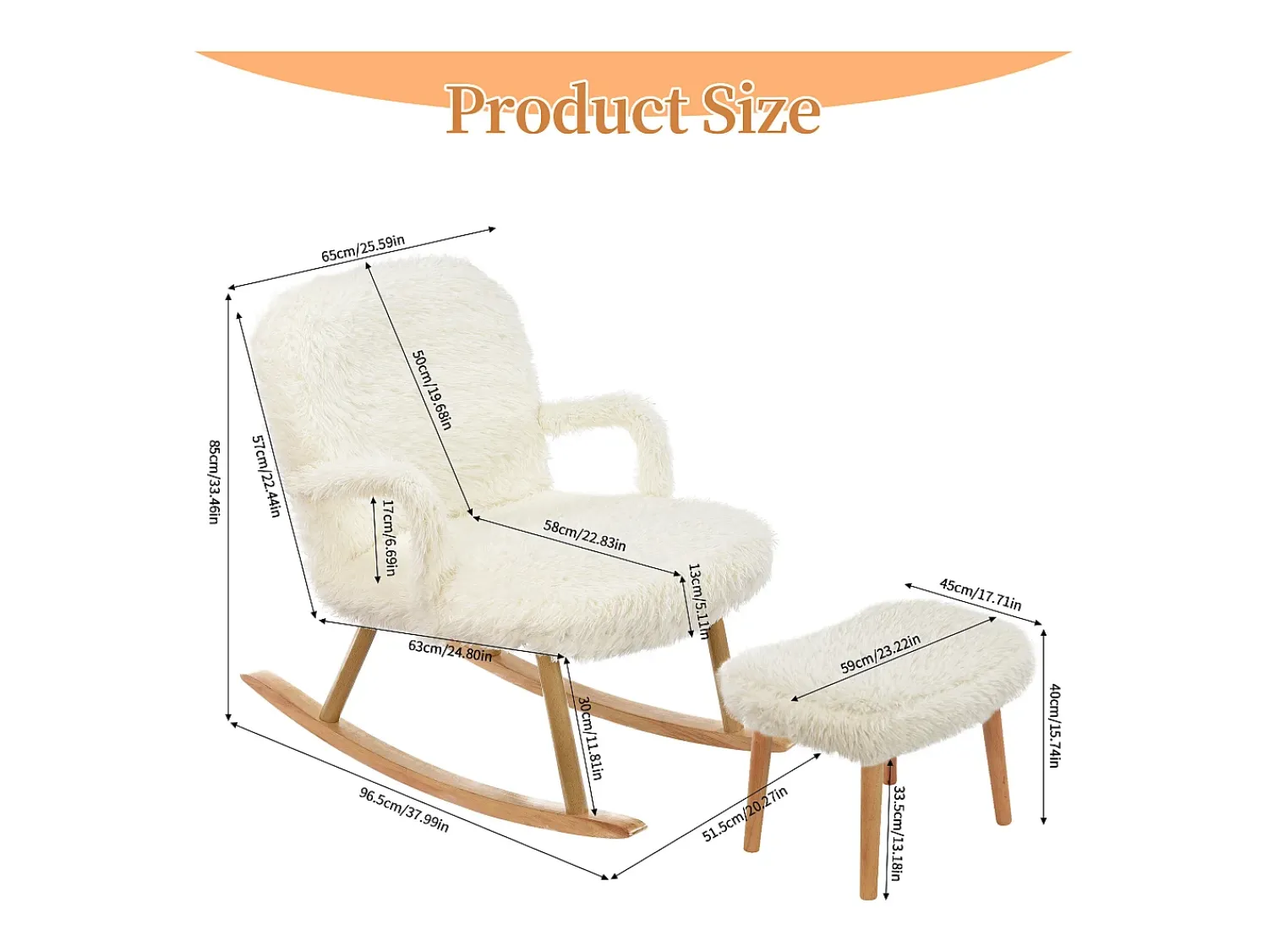 Poltrona| Cadeira de baloiço Teddy Plush - Cadeira de baloiço com apoio para os pés, pernas em madeira maciça - confortável 65x96,5x85cm - Branco