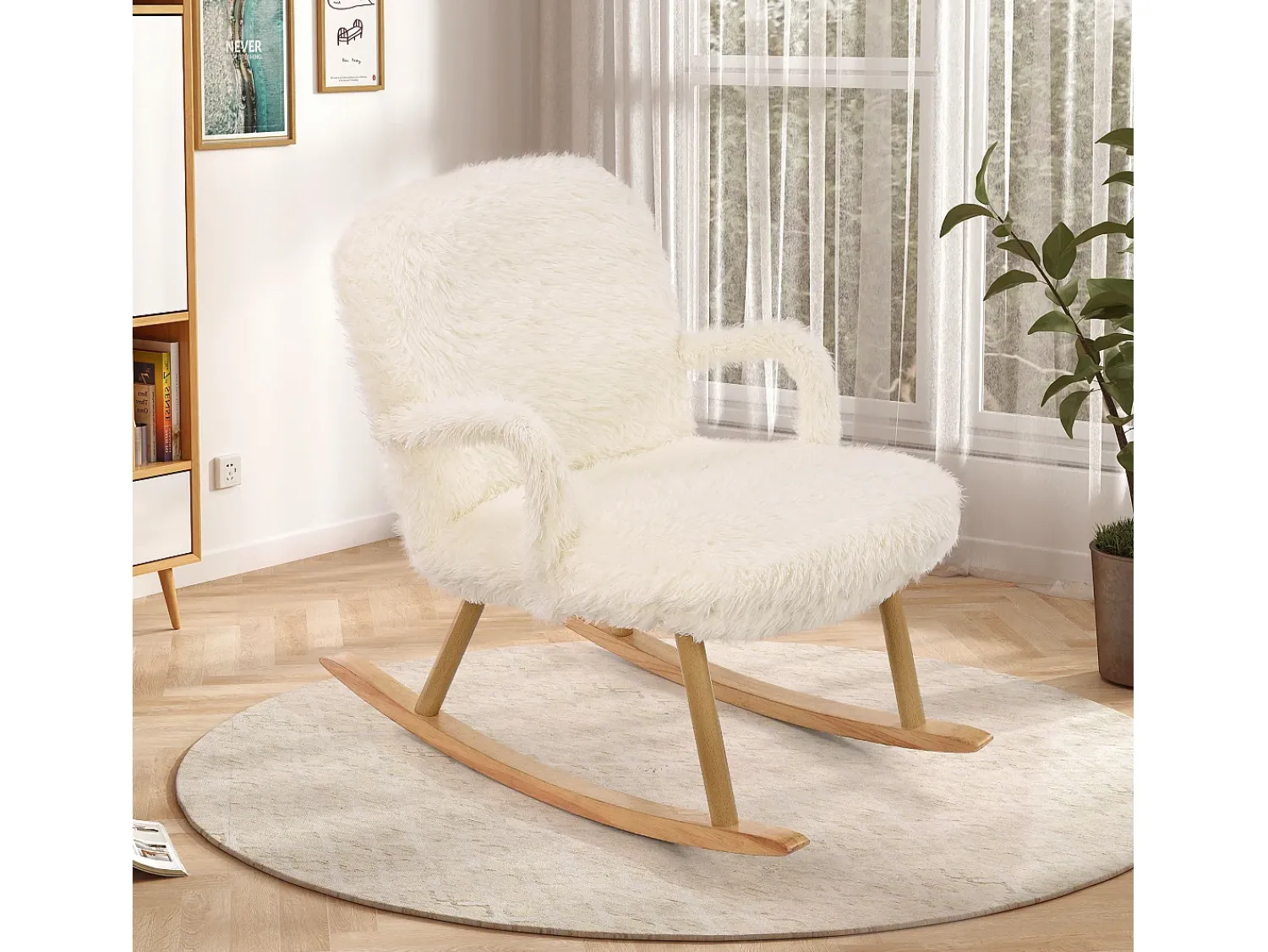 Poltrona| Cadeira de baloiço Teddy Plush - Cadeira de baloiço com apoio para os pés, pernas em madeira maciça - confortável 65x96,5x85cm - Branco