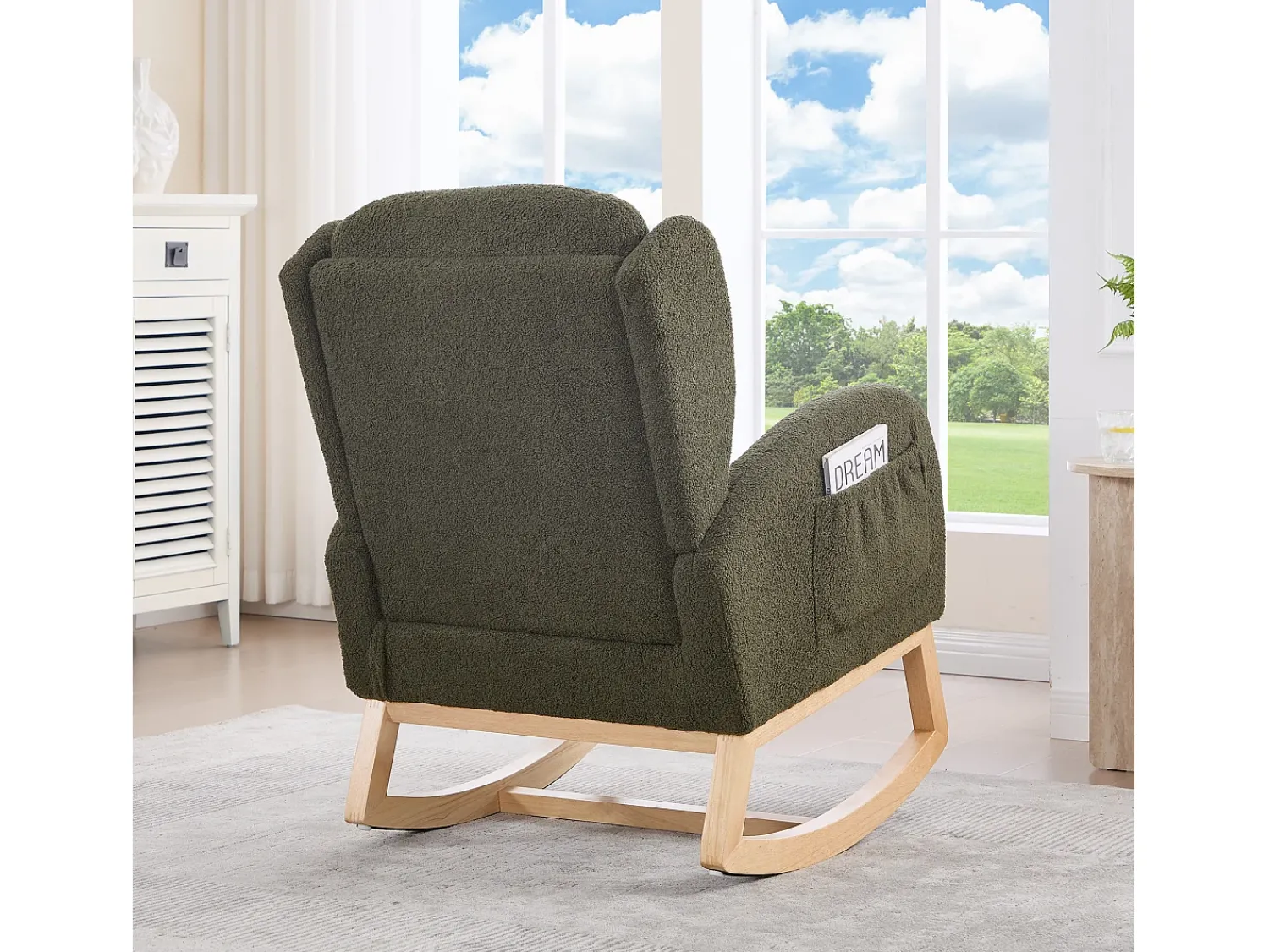Poltrona|Hauss Spole Cadeira de baloiço com bolsos laterais, apoio para os pés ajustável, estrutura em madeira 122,5x70x104cm Verde