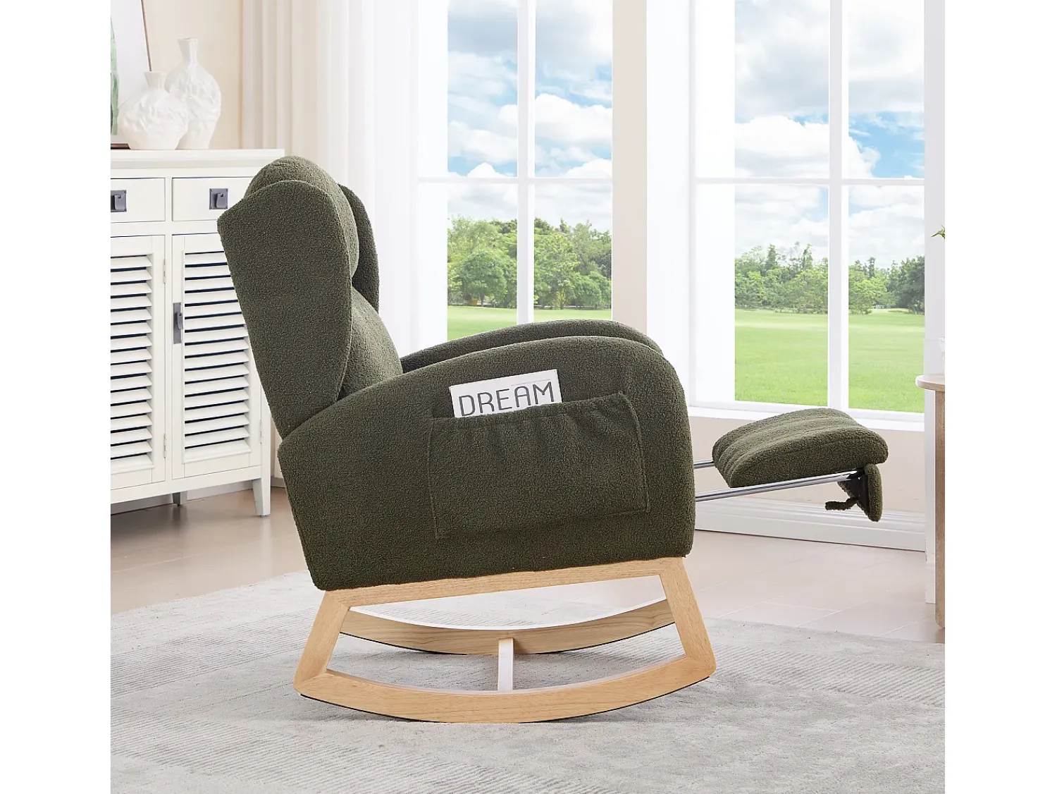 Poltrona|Hauss Spole Cadeira de baloiço com bolsos laterais, apoio para os pés ajustável, estrutura em madeira 122,5x70x104cm Verde