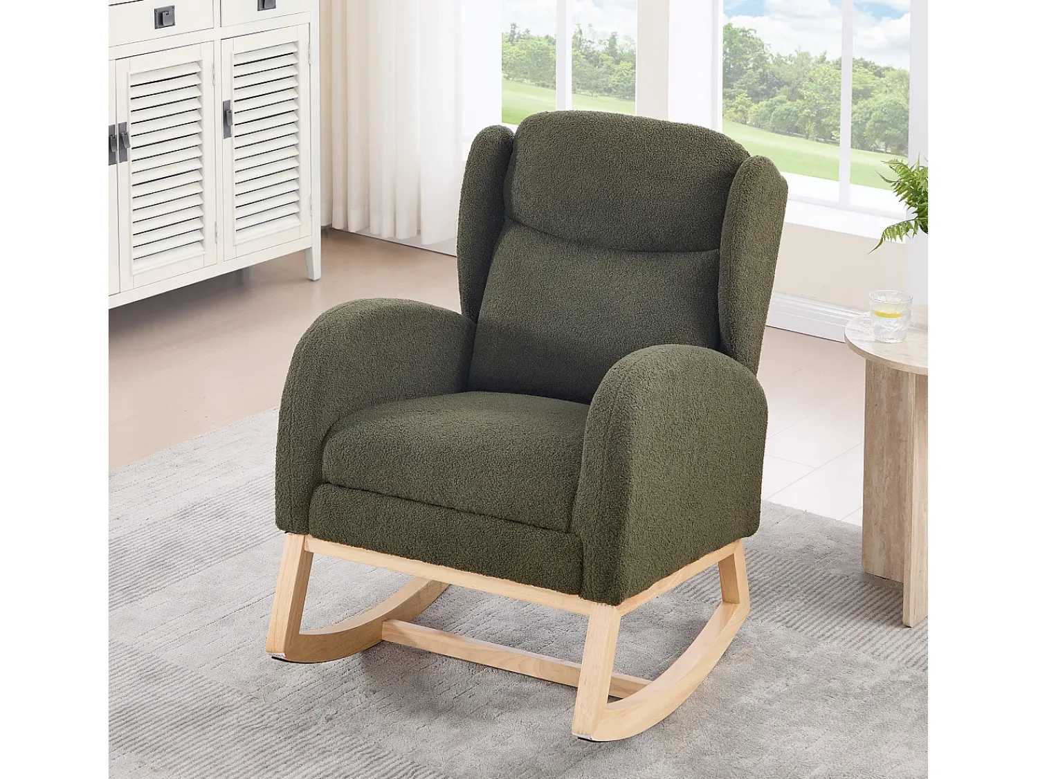 Poltrona|Hauss Spole Cadeira de baloiço com bolsos laterais, apoio para os pés ajustável, estrutura em madeira 122,5x70x104cm Verde