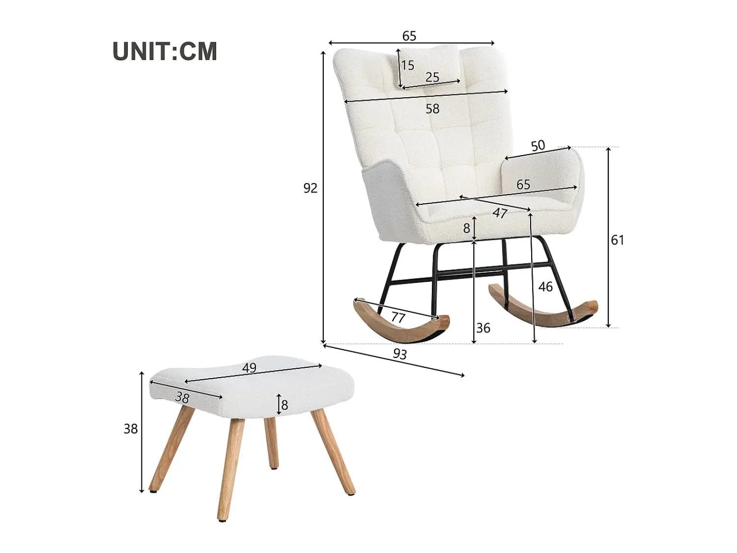 ModernLuxe Cadeira de baloiço、Cadeira de baloiço em tecido turco francês - com almofada e apoio para os pés -^ Poltrona