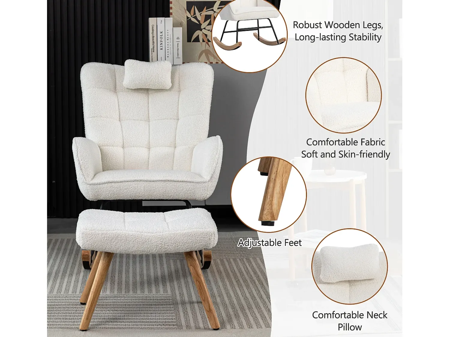 ModernLuxe Cadeira de baloiço、Cadeira de baloiço em tecido turco francês - com almofada e apoio para os pés -^ Poltrona