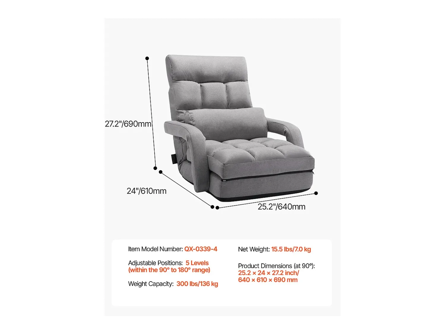 Poltrona* Cadeira de Chão SucceBuy Cadeira de Chão - 5 Posições Ajustáveis, Apoios de Braços - Cadeira Gaming de Chão, Ideal como Sofá-Cama com Almofada Cinzento